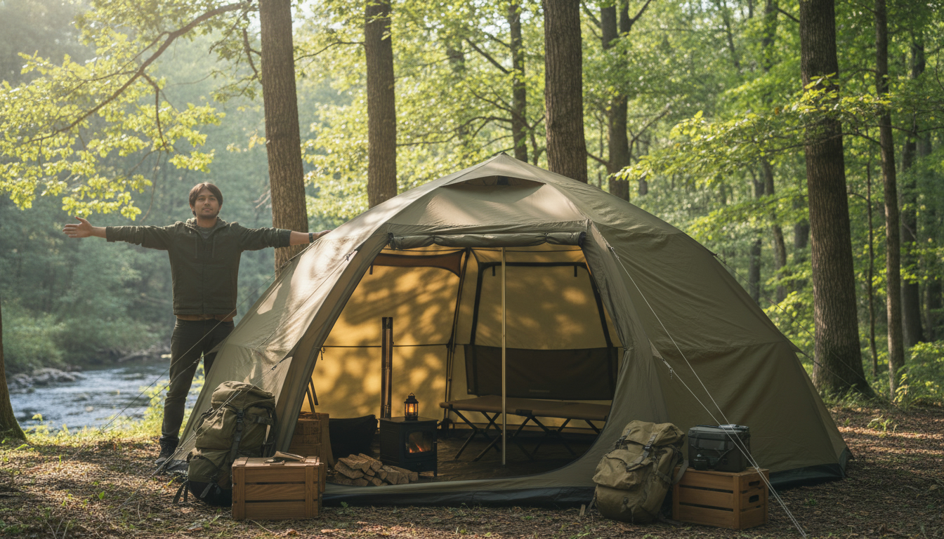 森の中でFUTURE FOXのFOX-BASE EVOを設営し、焚き火とコットでくつろぐソロキャンプの様子