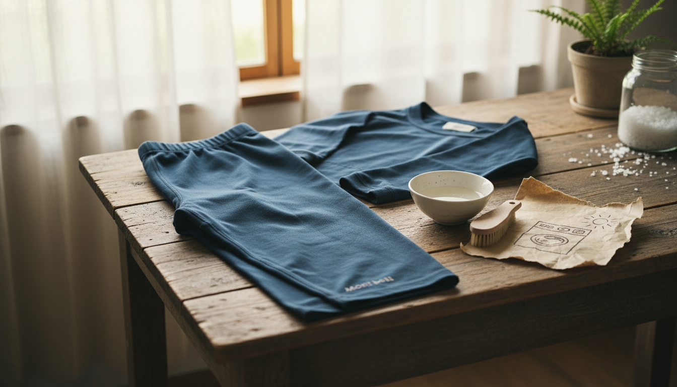 明るいランドリールームでジオラインなどのアウトドアウェアを洗濯する準備をしている様子