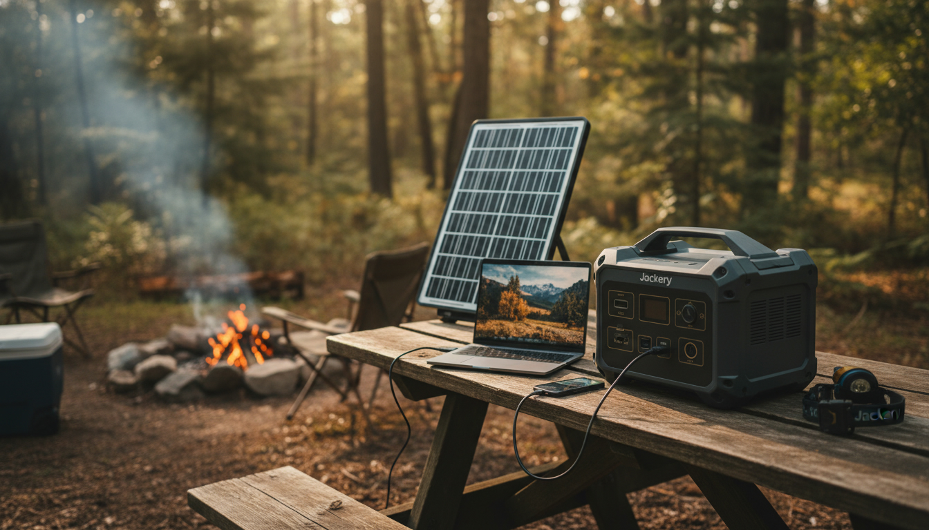 Jackeryの使い方を解説するスミスAIとキャンプサイトでの充電風景