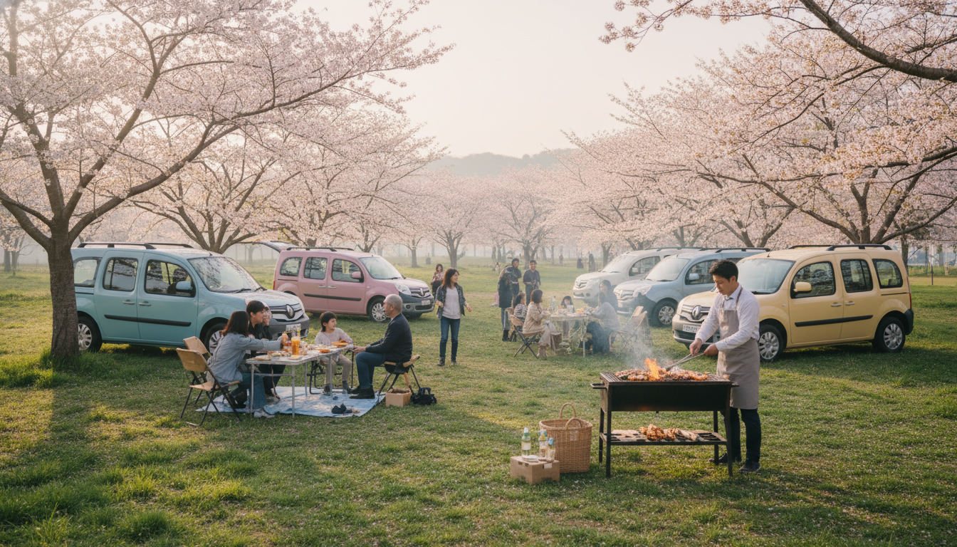 カングーキャンプ2026で春の桜とバーベキューを楽しむ様子