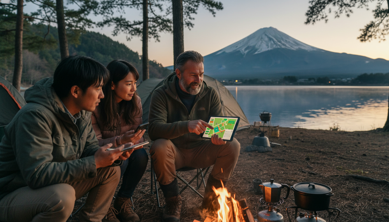 夕暮れ時の河口湖キャンプ場で、富士山を背景にテント設営を楽しむ人々の様子