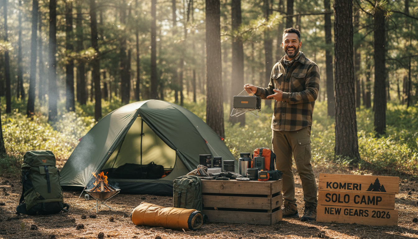 コメリのソロキャンプ新商品2026を紹介する笑顔のアウトドアマン