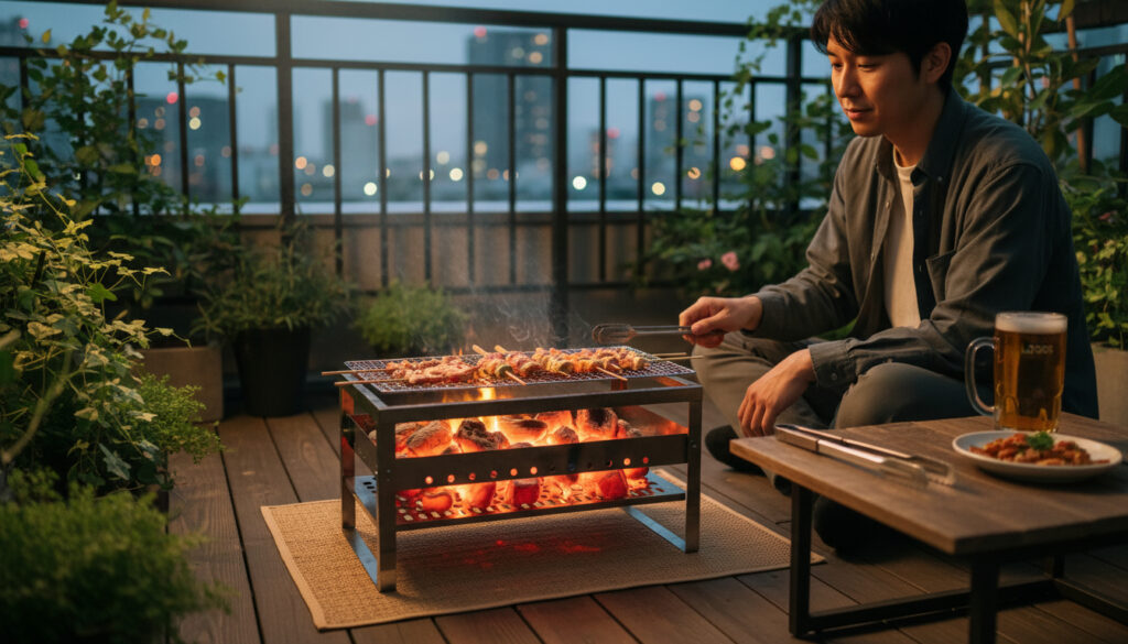 ロゴス無煙メシ暖房グリルで楽しむ煙の少ないベランダBBQ