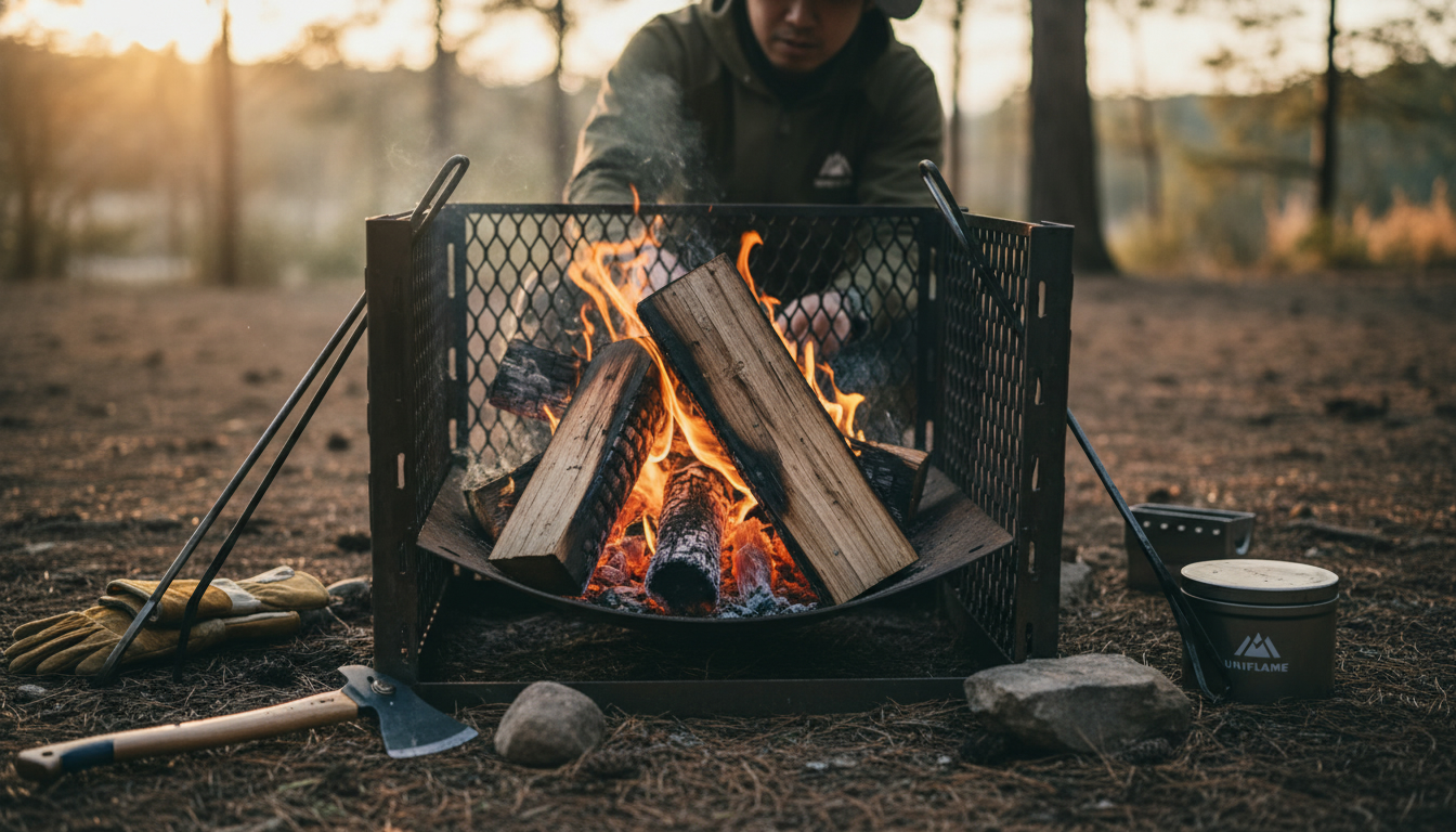焚き火台の中で赤く熱を帯びて燃焼を助けるメタル薪の様子