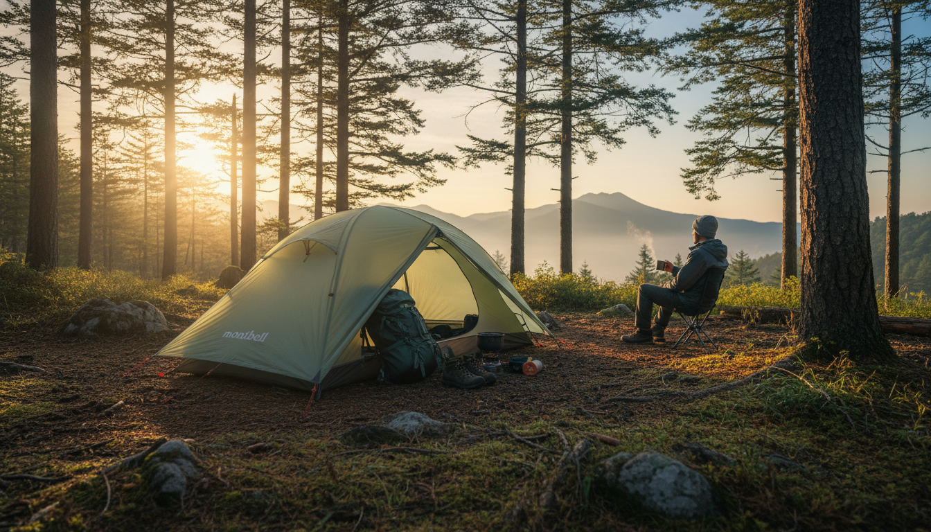 森の中でモンベルのソロテントを設営してキャンプを楽しむ様子