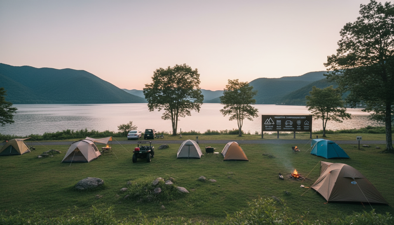 仲洞爺キャンプ場の湖畔サイトと青い空