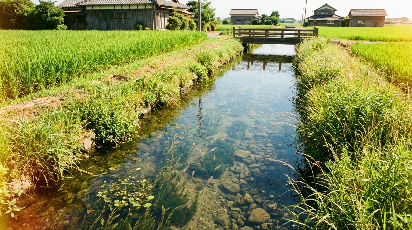澄んだ用水路の水面と小魚(九十九里の記憶)