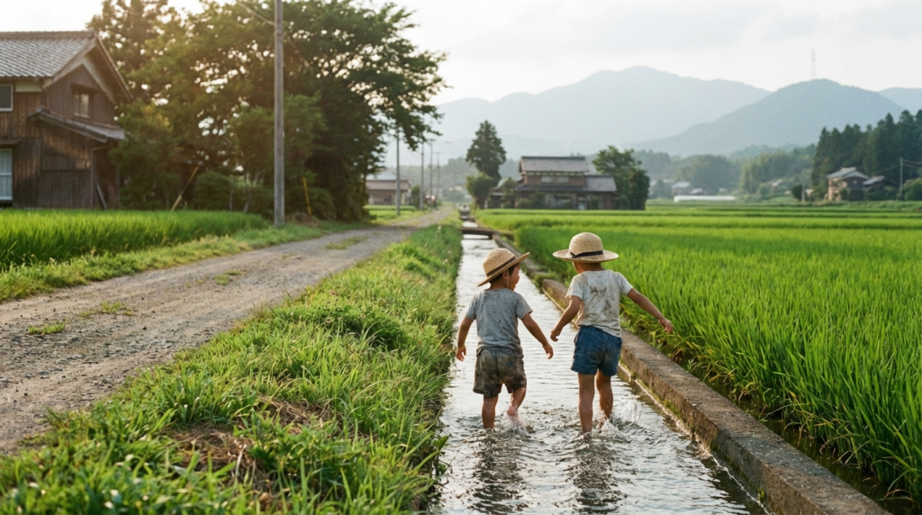 1970年代の用水路で遊ぶ子ども（アウトドア原体験）