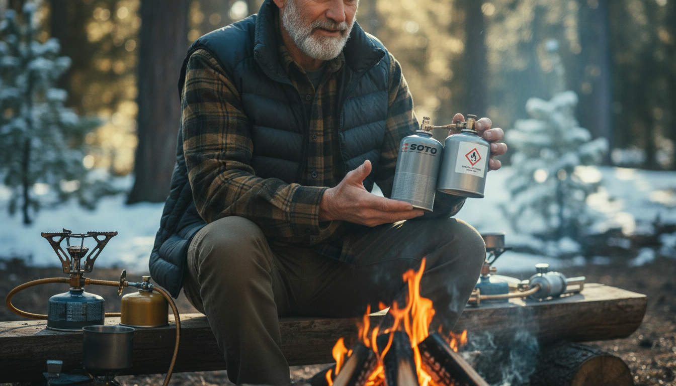 SOTOのガス缶とストーブを使って、キャンプ場の自然の中でコーヒーを淹れる女性。安全な互換性の知識で楽しむ様子。