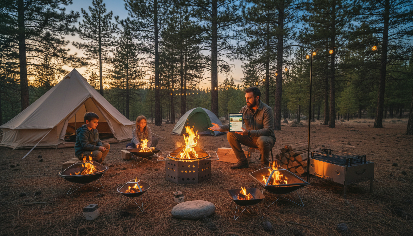 キャンプ場の夕暮れ時、焚き火台で燃える炎の様子 おすすめの焚き火台イメージ