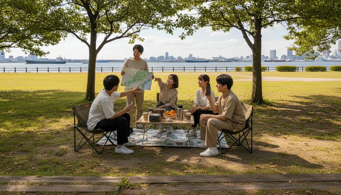 東京のキャンプ場で日帰りBBQを楽しむ家族とゲートブリッジの風景