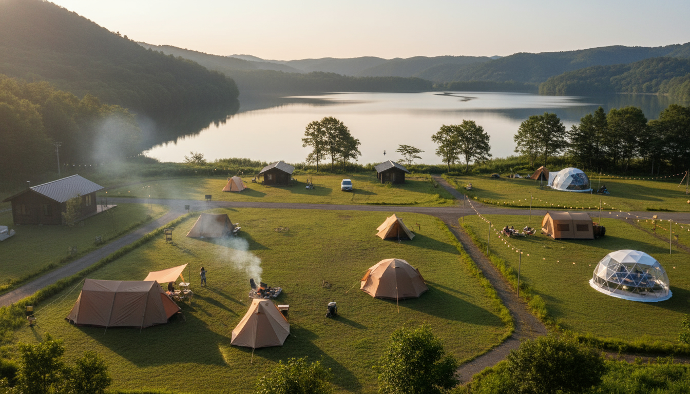 洞爺湖の湖畔でテントを張ってキャンプを楽しむ風景