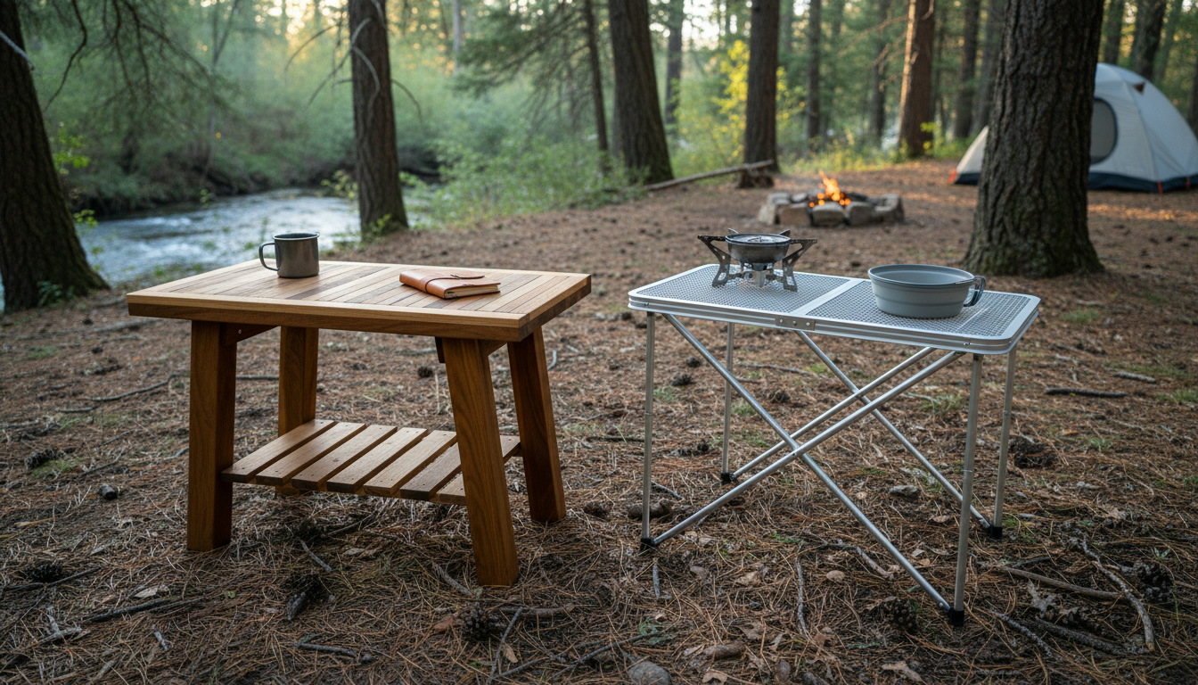 キャンプサイトに設置された木製のトレイルテーブルとコーヒーマグ