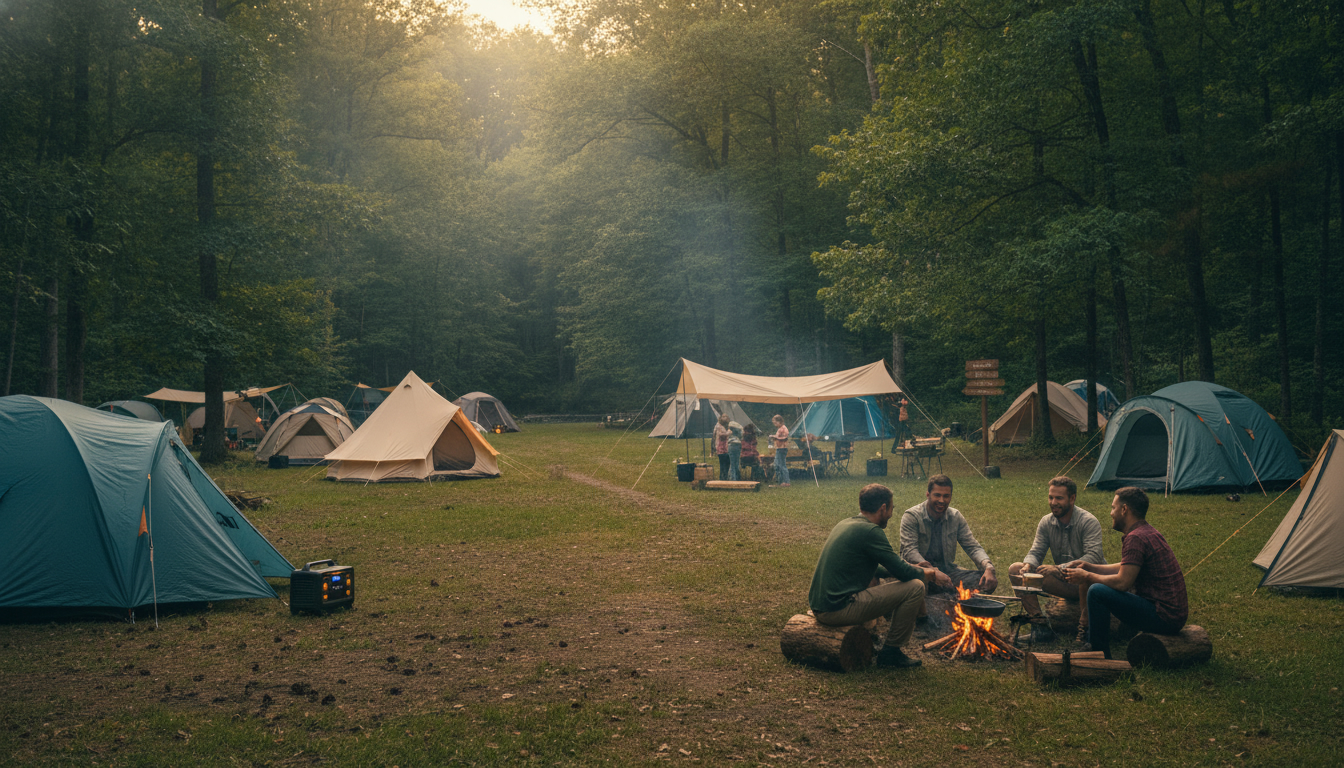 うぐいすの森キャンプ場のテントサイトで楽しむ家族キャンプの様子