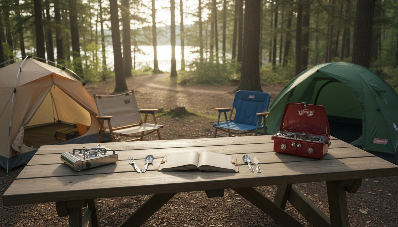 WAQとコールマンを比較しながらキャンプを楽しむ女性