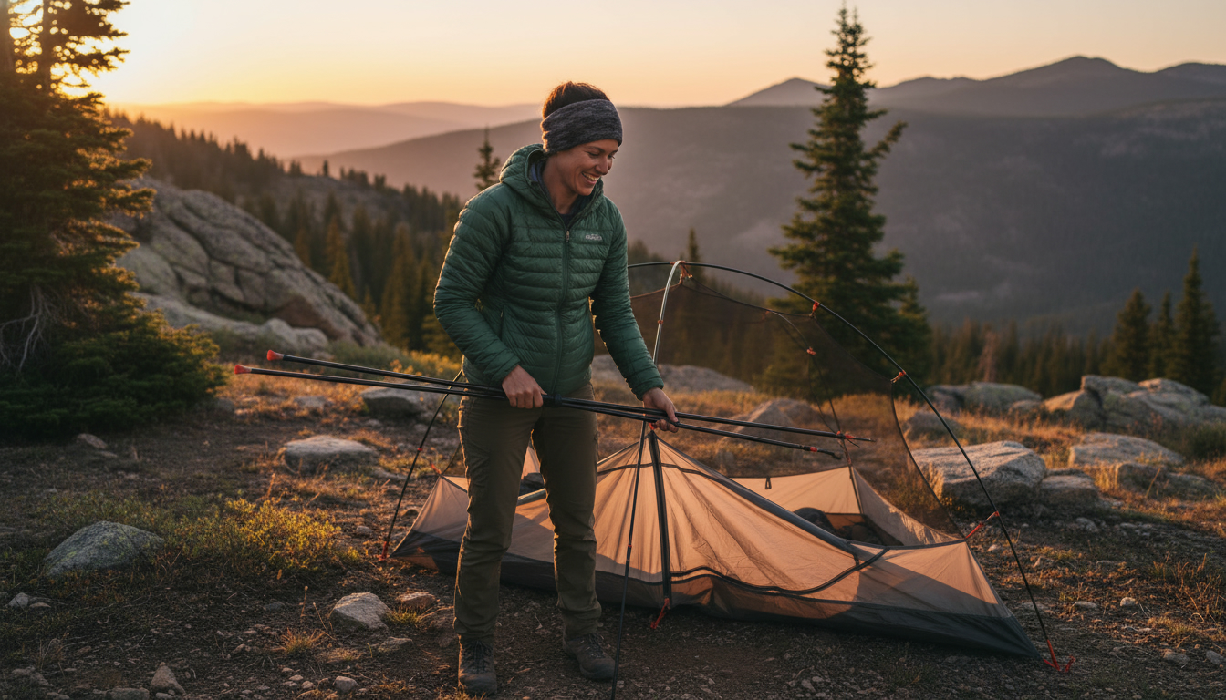 ステラリッジトレール テント 設営方法を実践する笑顔の女性キャンパー