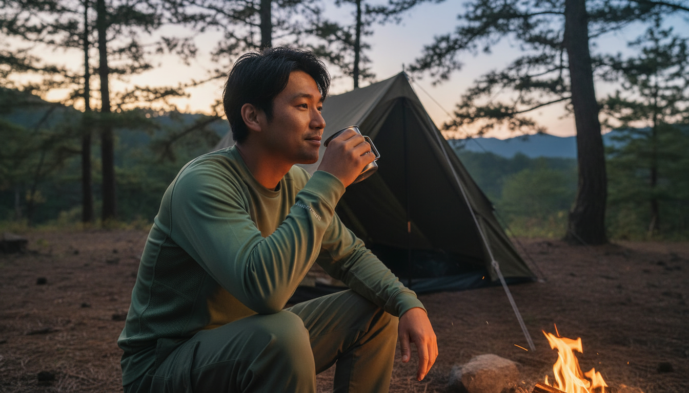 ワークマン 冷感tシャツのエックスシェルター長袖シャツを着用してキャンプを楽しむ様子