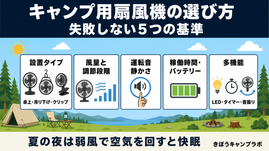キャンプ用扇風機の選び方|失敗しない5つの基準をまとめた図解(PC版)