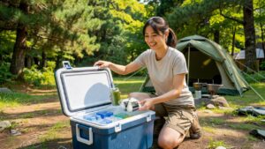 夏キャンプでクーラーボックスから冷えた食材を取り出すキャンパー(クーラーボックスの保冷剤)