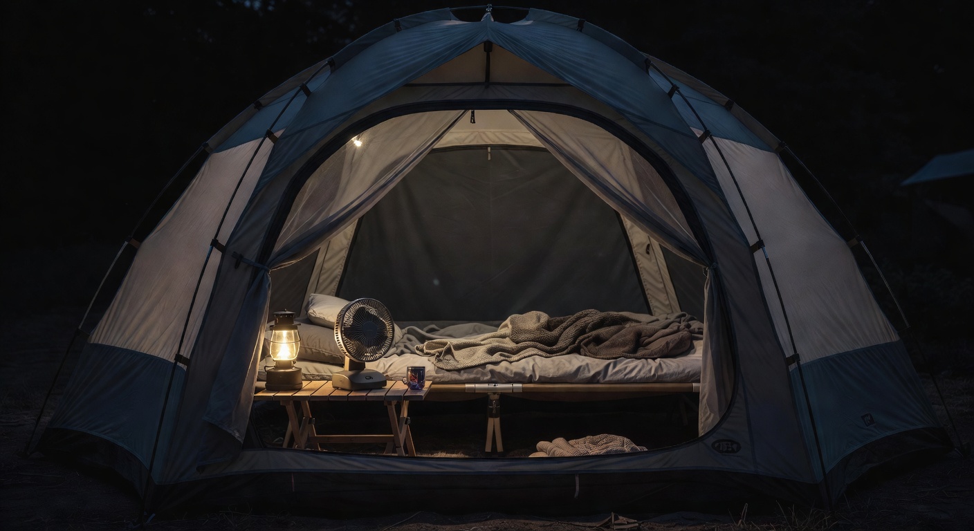 夜のテント内で扇風機を使い涼しく眠る夏キャンプの様子