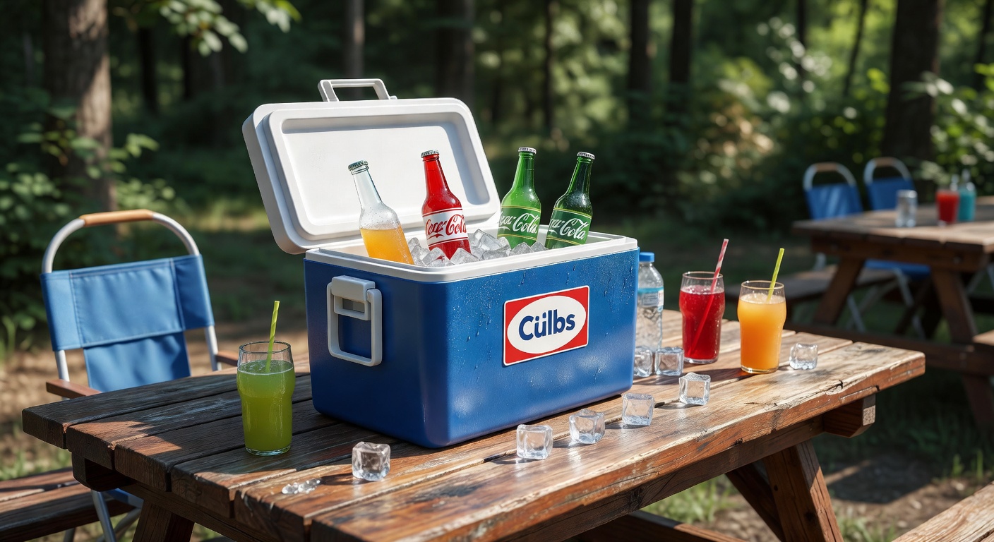 クーラーボックスに冷たい飲み物を入れた夏キャンプのサイト