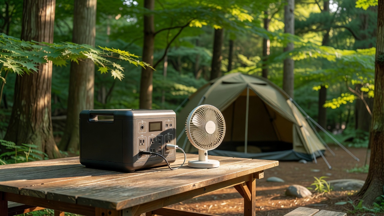 キャンプ用ポータブル電源を夏のキャンプサイトで使う様子