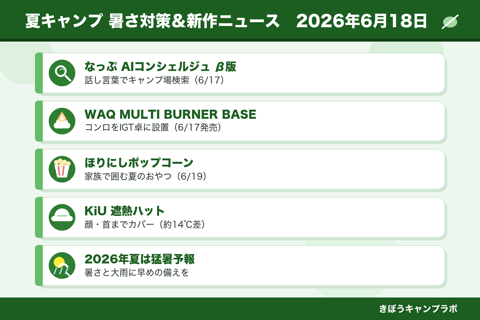キャンプの暑さ対策と2026年夏の新作キャンプニュースまとめのインフォグラフィック