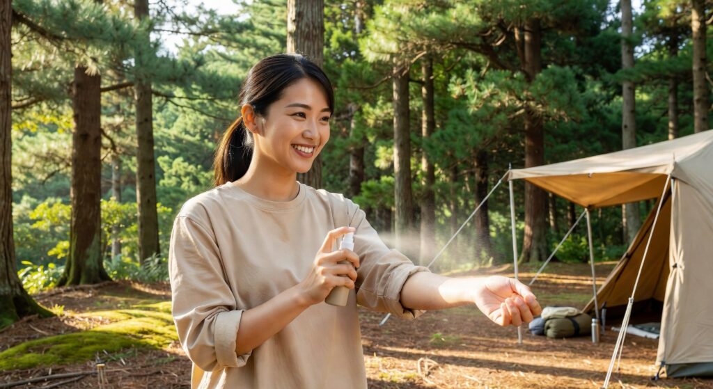 キャンプ虫対策で虫よけスプレーを使う明るい服装の女性キャンパー