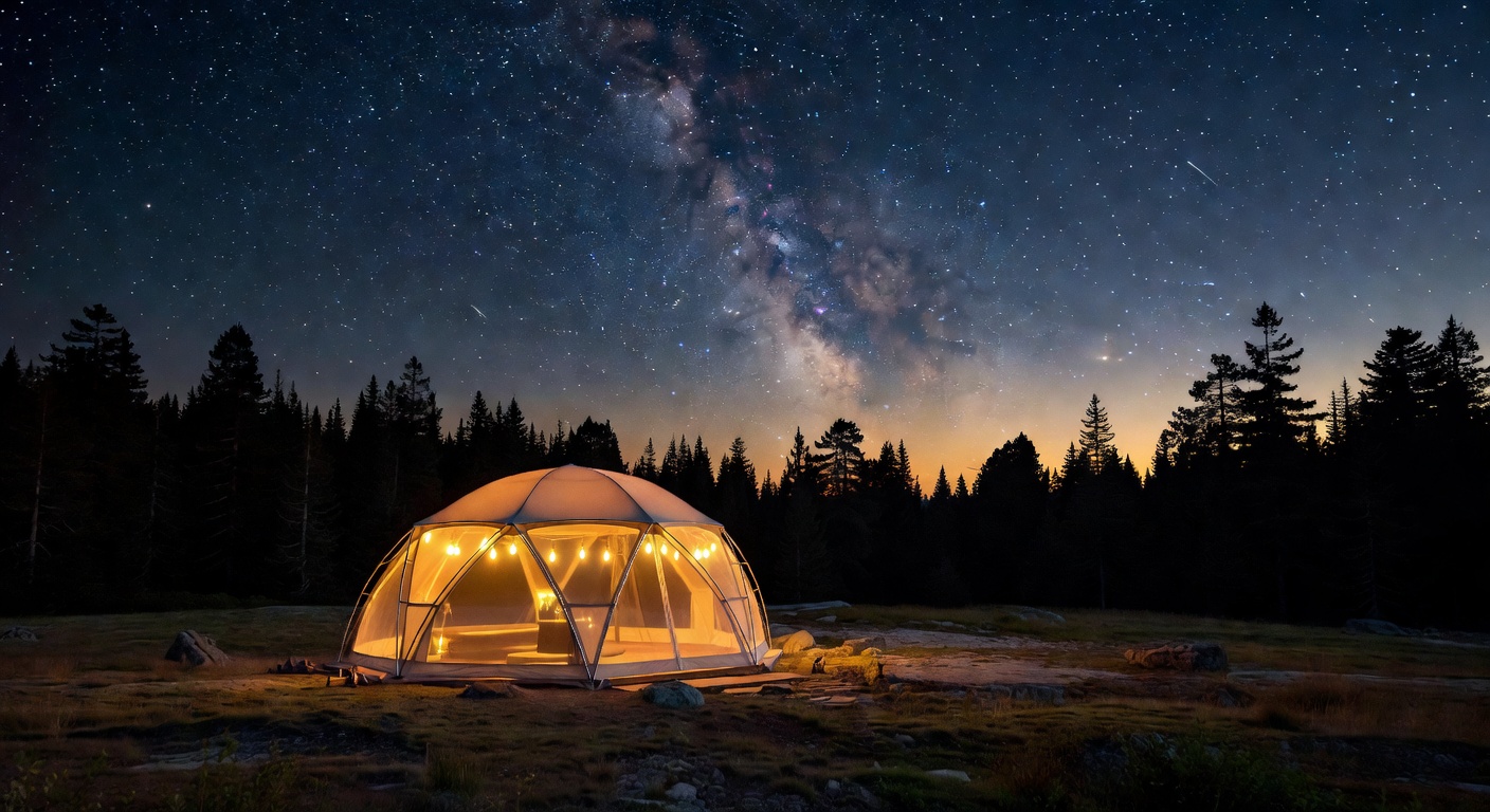 夜の赤城山グランピングのドームテントと星空