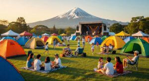 キャンプフェス会場で音楽とキャンプを楽しむ家族とテント