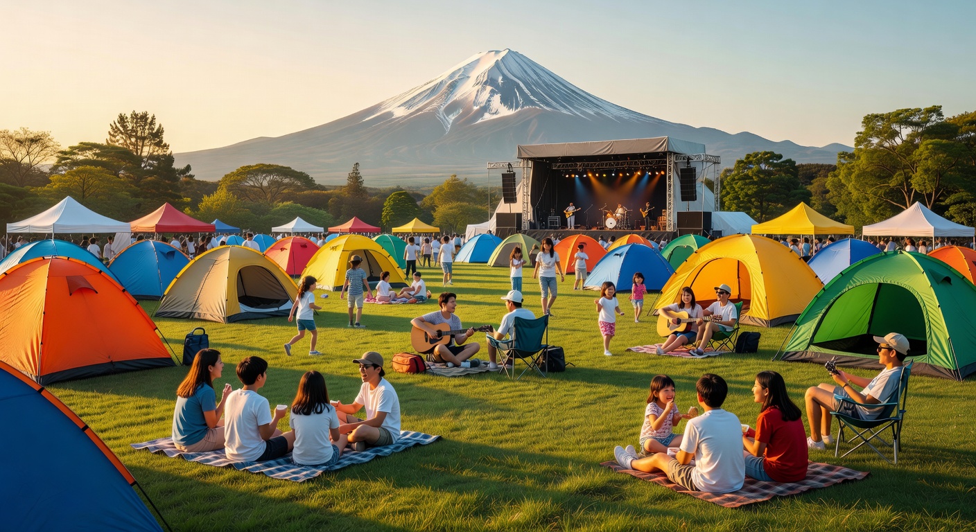 キャンプフェス会場で音楽とキャンプを楽しむ家族とテント