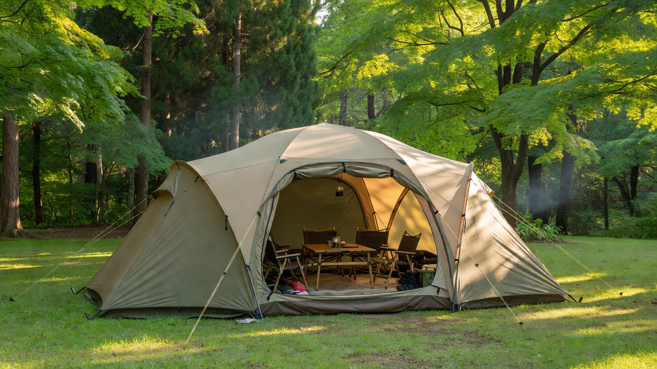 新緑のキャンプ場に張られた連結式の大型ドームテント