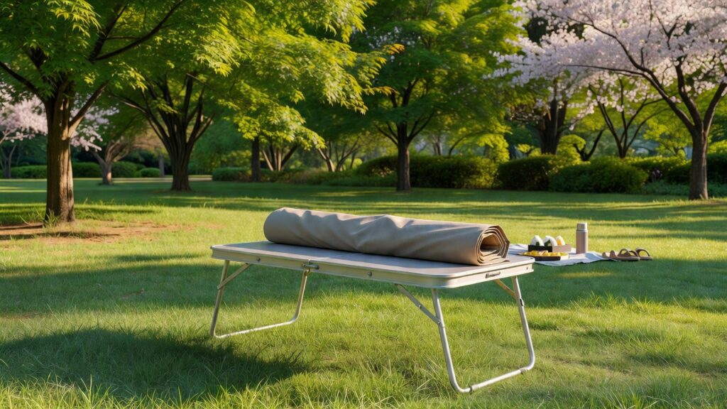夏の公園に置かれた超軽量・薄型のアウトドアテーブル（アウトドアテーブル軽量モデルのイメージ）