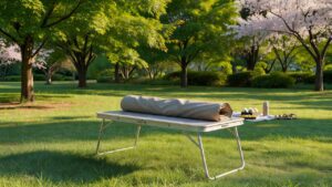 夏の公園に置かれた超軽量・薄型のアウトドアテーブル(アウトドアテーブル軽量モデルのイメージ)