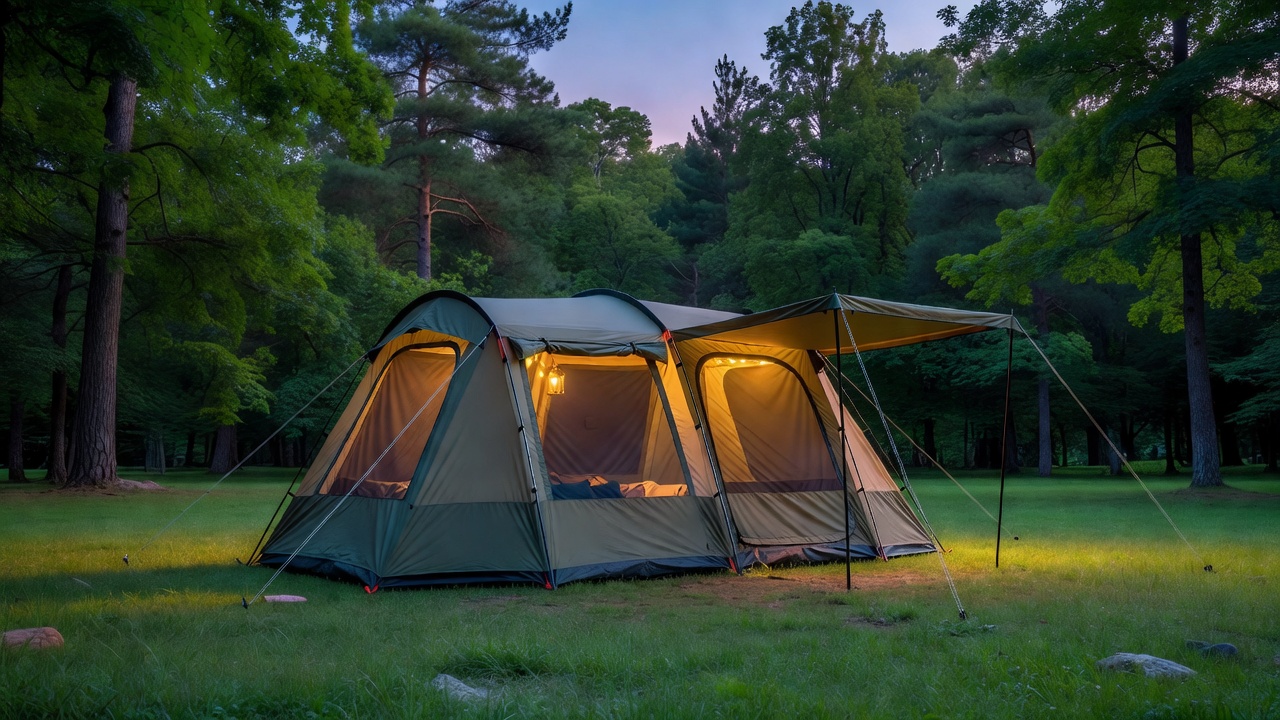 新緑のキャンプ場に夕暮れに張られた大型2ルームテント