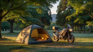 キャンプ ツーリングテントの新作イメージ。前室の広いドームテントとバイクのあるツーリングキャンプの夕景