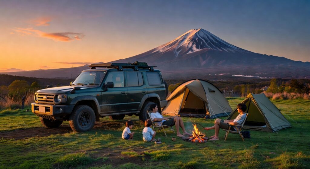 富士山麓のキャンプ場に停まる無骨なクロカンSUVと夕暮れのキャンプ風景