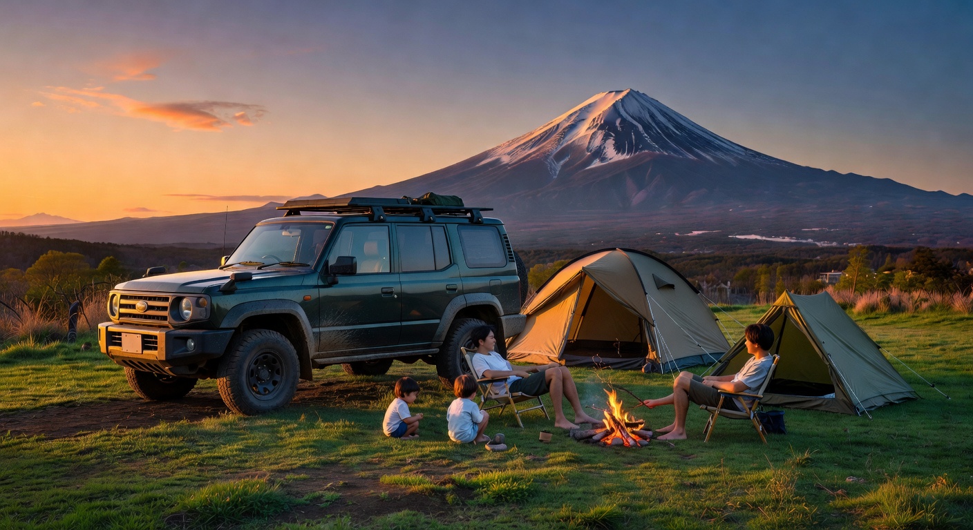 富士山麓のキャンプ場に停まる無骨なクロカンSUVと夕暮れのキャンプ風景