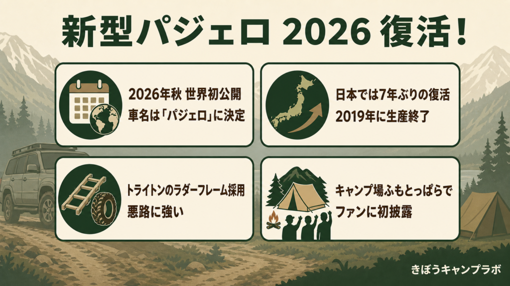 新型パジェロ2026復活の要点をまとめた図解（PC版）