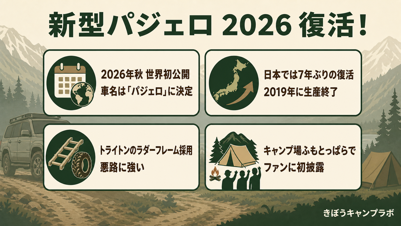 新型パジェロ2026復活の要点をまとめた図解