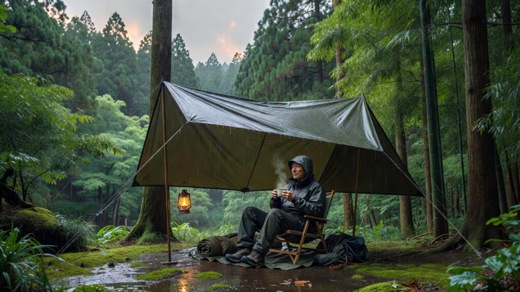 雨の中タープの下でくつろぐキャンパーと雨に濡れた緑のキャンプサイト（キャンプ雨対策）