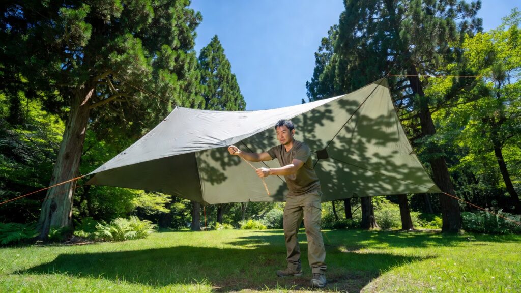 夏のキャンプ場でタープの張り方を実践し日陰のリビングを作るキャンパー(タープの張り方)