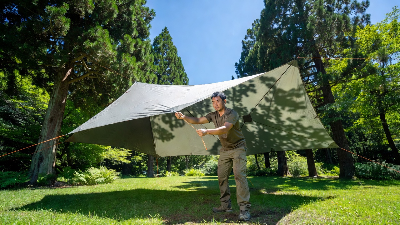夏のキャンプ場でタープの張り方を実践し日陰のリビングを作るキャンパー（タープの張り方）