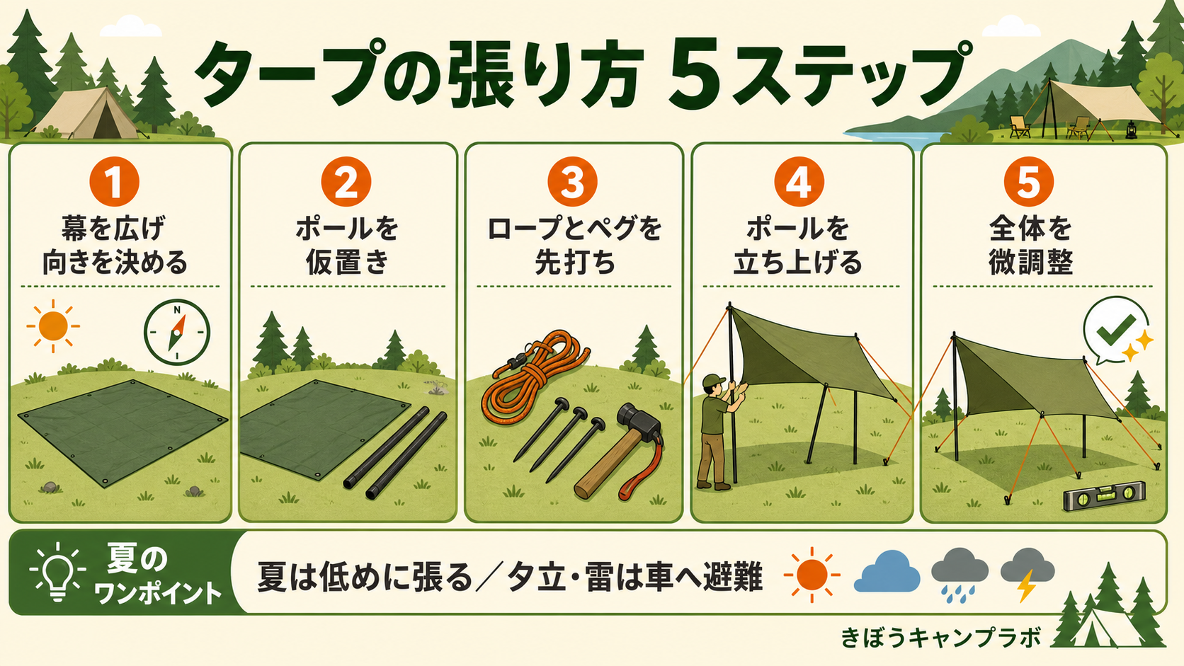 タープの張り方5ステップと夏のコツをまとめた図解