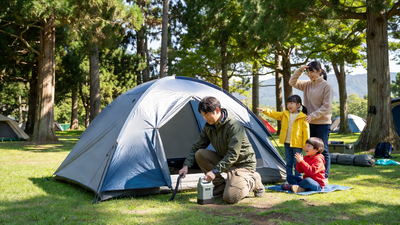 電動ポンプでエアフレームテントを設営するキャンパーと待つ家族