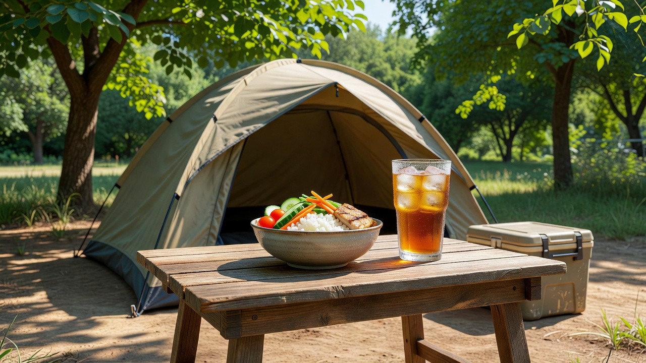 夏キャンプ飯を楽しむ夏のテントサイトの情景