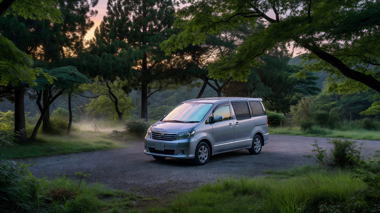 高原のキャンプ場で木陰に止めた車中泊仕様のミニバン(夏の車中泊の暑さ対策)
