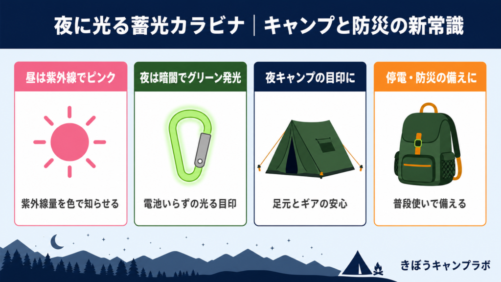 夜のテントで淡く光る蓄光カラビナ