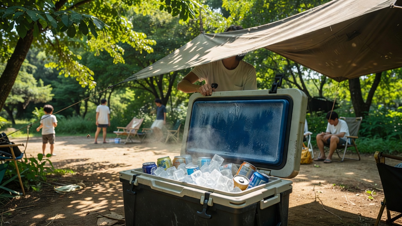 夏キャンプのタープ下に置いたクーラーボックス
