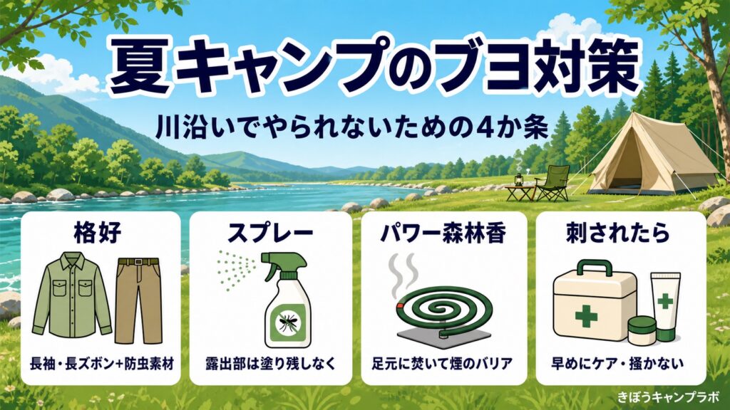 夏キャンプのブヨ対策|長袖長ズボンと防虫素材、虫除けスプレー、パワー森林香を図解
